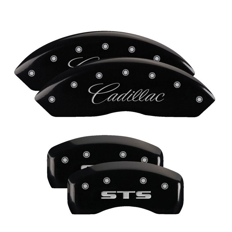 MGP 35002SSTSBK | 4 Caliper Covers Engraved Front Cursive/Cadillac Engraved Rear STS Black finish silver ch; 2004-2009