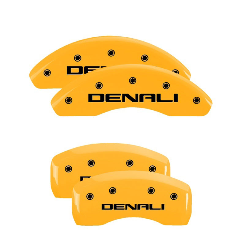 MGP 34215SDNLYL | 4 Caliper Covers Engraved Front & Rear Denali Yellow Finish Black Char 2018 GMC Terrain; 2018-2020