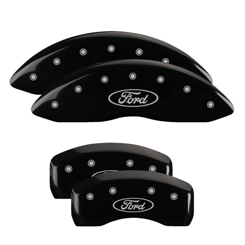 MGP 10242SFRDBK | 4 Caliper Covers Engraved Front & Rear Oval logo/Ford Black finish silver ch; 2015-2018