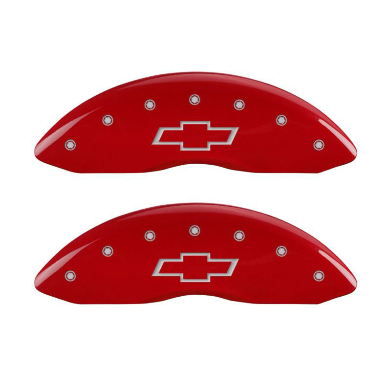 MGP 14243SBOWRD | 4 Caliper Covers Engraved Front & Rear Bowtie Red Finish Silver Char 2014 Chevrolet Express 2500; 2012-2017