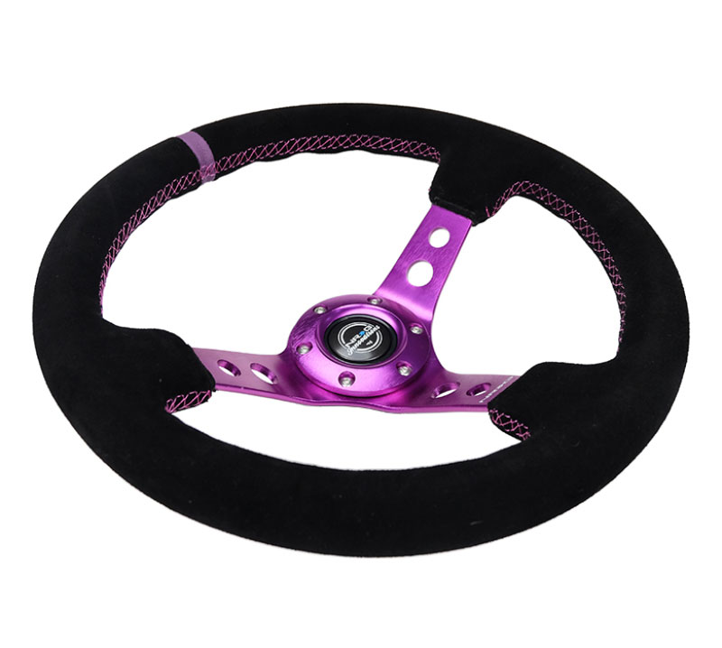 NRG rst-006s-pp | Reinforced Steering Wheel (350mm / 3in. Deep) Black Suede w/Purple Center & Purple Stitching