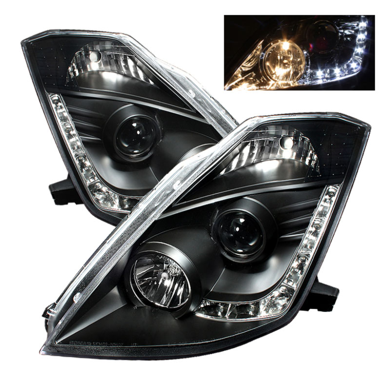 SPYDER 5064738 | Spyder Nissan 350Z ( Halogen Bulbs Version ) DRL LED Projector Headlights - Black - (PRO-YD-N350Z02-DRL-BK); 2003-2005