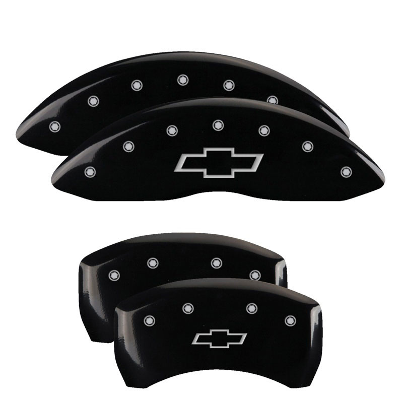 MGP 14231SBOWBK | 4 Caliper Covers Engraved Front & Rear Bowtie Black finish silver ch; 2014-2015