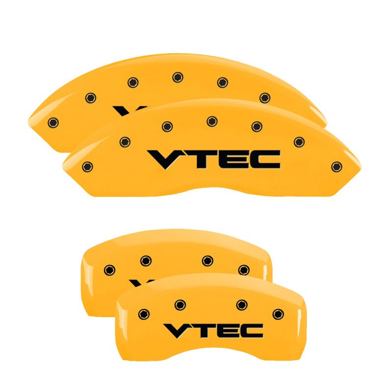 MGP 39001SVTCYL | 4 Caliper Covers Engraved Front & Rear Vtech Yellow finish black ch; 2009-2014