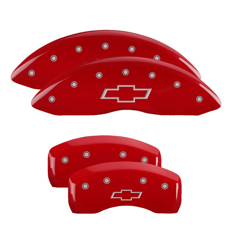 MGP 14006SBOWRD | 4 Caliper Covers Engraved Front & Rear Bowtie Red finish silver ch; 2010-2013