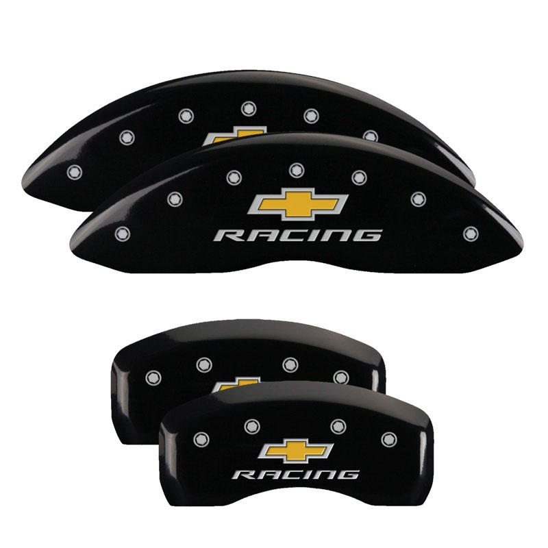 MGP 14006SBRCBK | 4 Caliper Covers Engraved Front & Rear Chevy racing Black finish silver ch; 2010-2013