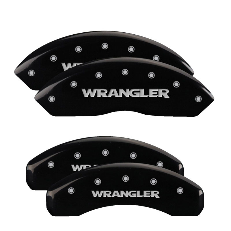 MGP 42007SWRGBK | 4 Caliper Covers Engraved Front & Rear WRANGLER Black finish silver ch; 2012-2012