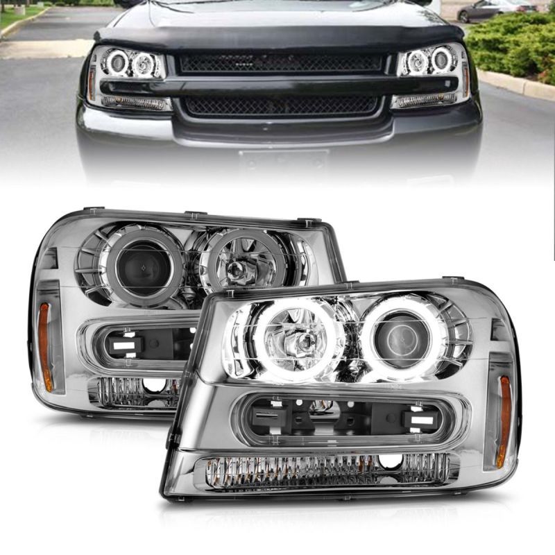 ANZO 111573 | 02-09 Chevrolet Trailblazer Projector Headlights w/ Halo Chrome Housing (Non-LT Models); 2002-2009