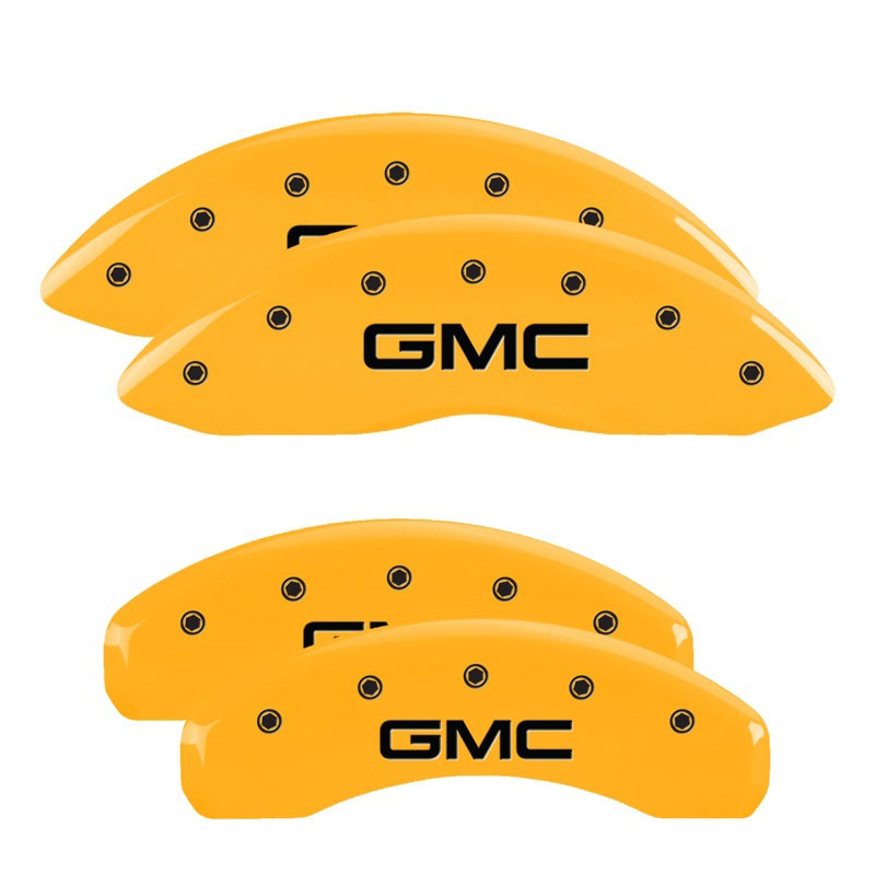 MGP 34015SGMCYL | 4 Caliper Covers Engraved Front & Rear GMC Yellow finish black ch; 2015-2020