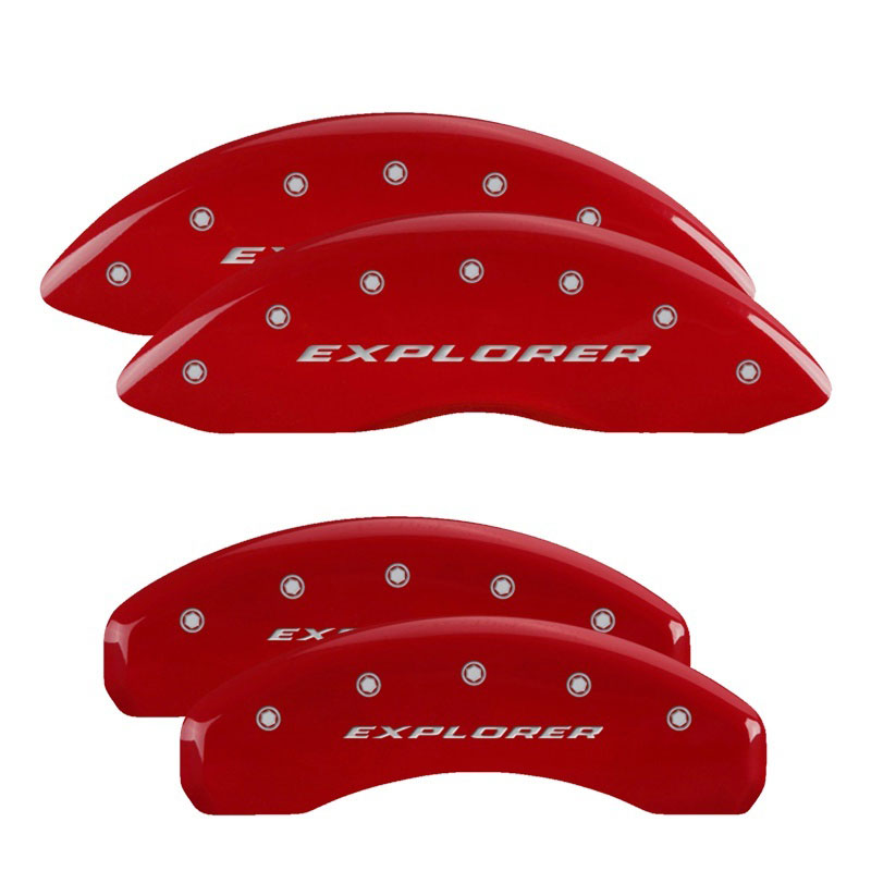 MGP 10215SXPLRD | 4 Caliper Covers Engraved Front & Rear Explorer Red finish silver ch; 2011-2019