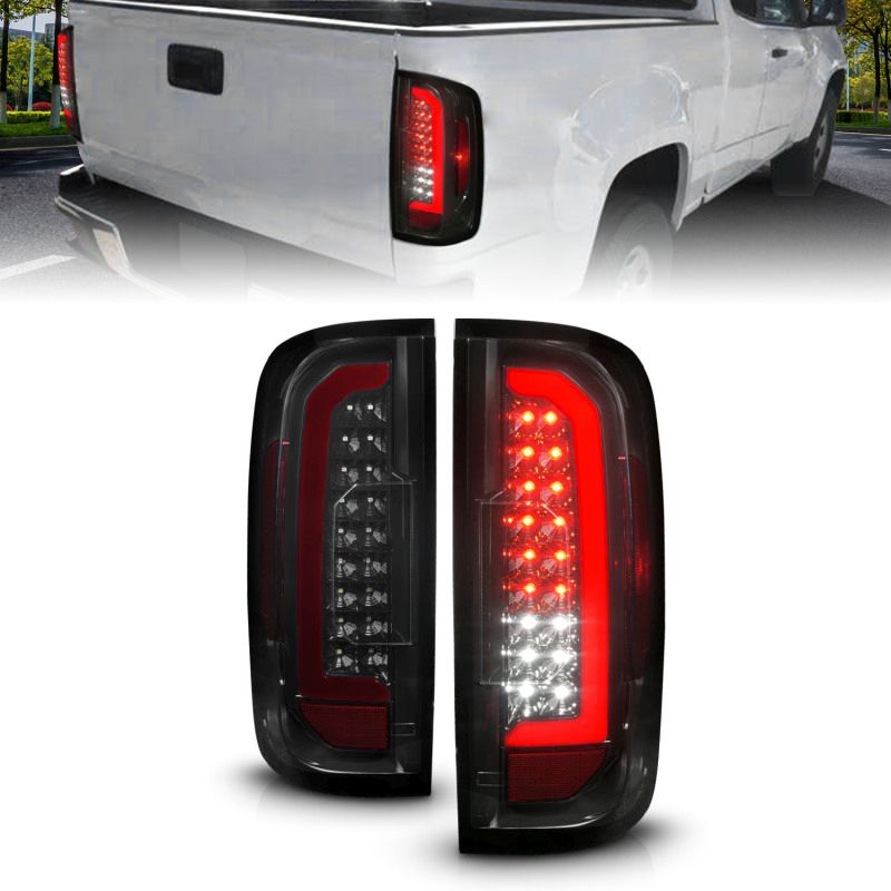 ANZO 311435 | 15-21 GMC Canyon Full LED Tail Lights w/ Red Lightbar Black Housing Smoke Lens; 2015-2021