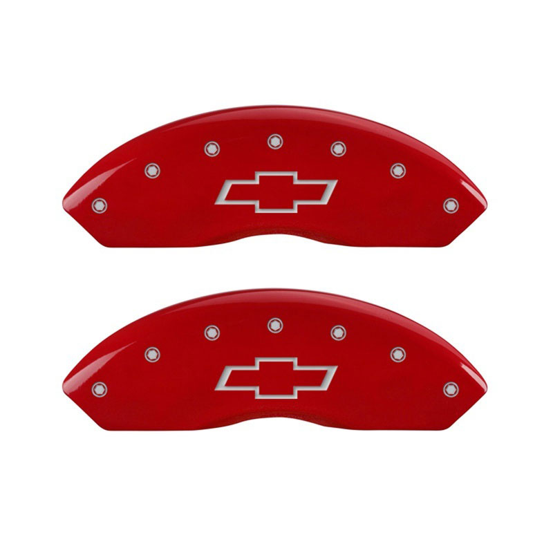 MGP 14003FBOWRD | Front set 2 Caliper Covers Engraved Front Bowtie Red finish silver ch; 1997-1998