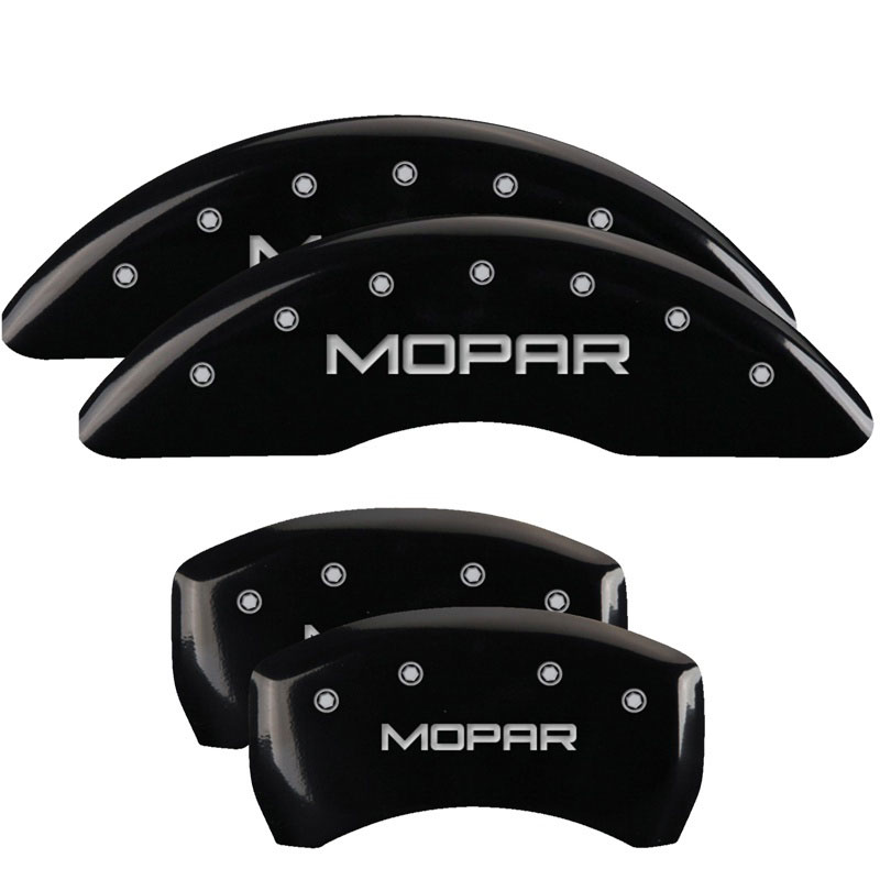 MGP 42012SMOPBK | 4 Caliper Covers Engraved Front & Rear MOPAR Black finish silver ch; 2016-2022