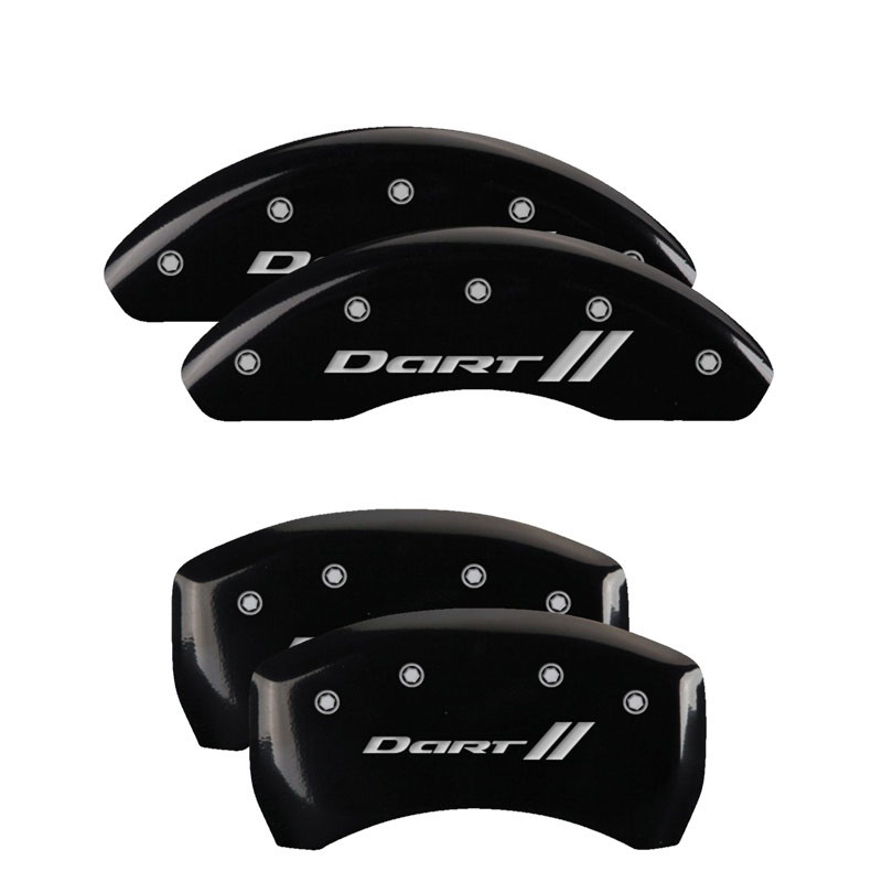 MGP 12199SDRTBK | 4 Caliper Covers Engraved Front & Rear With stripes/Dart Black finish silver ch; 2013-2016