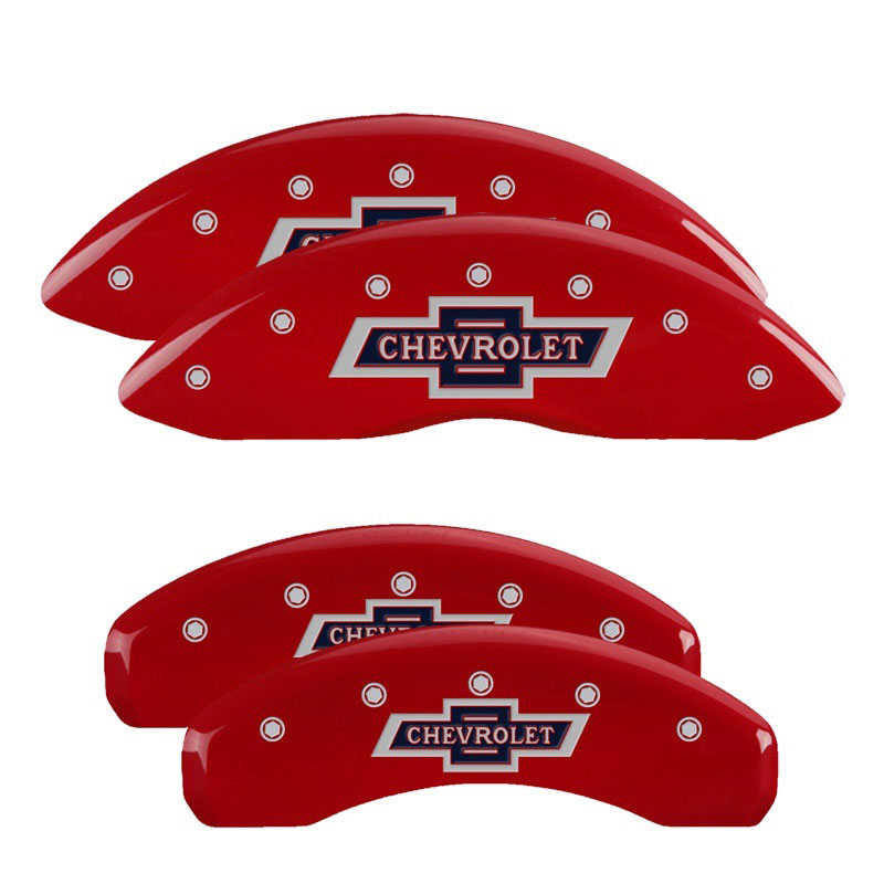 MGP 14252SBANRD | 4 Caliper Covers Engraved F & R 100 Anniversary Red Finish Silver Char 2019 Chevy Silverado 1500; 2019-2022