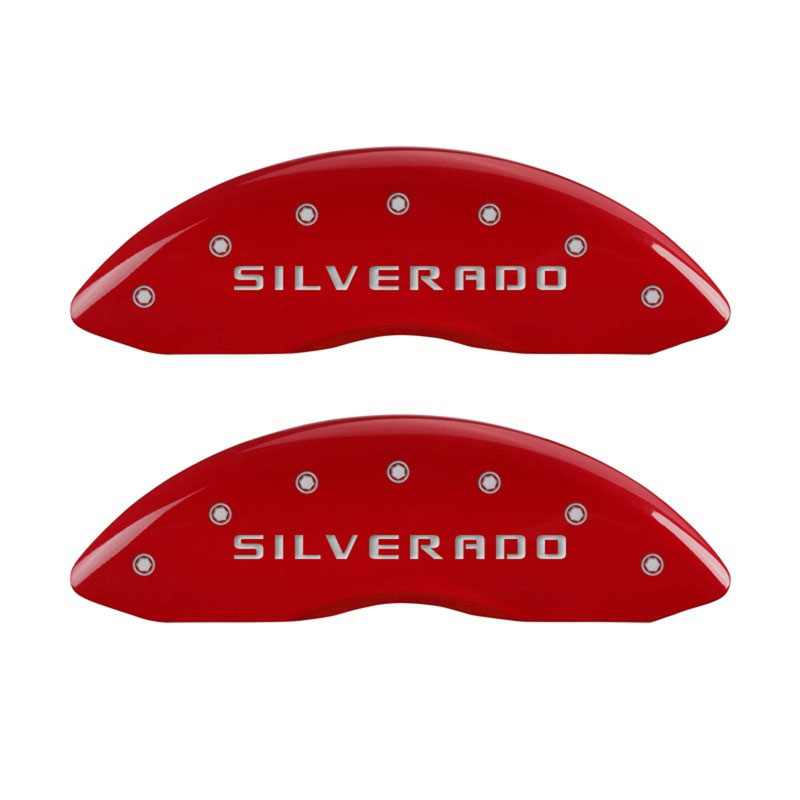 MGP 14207FSILRD | Front set 2 Caliper Covers Engraved Front Silverado Red finish silver ch; 2008-2013