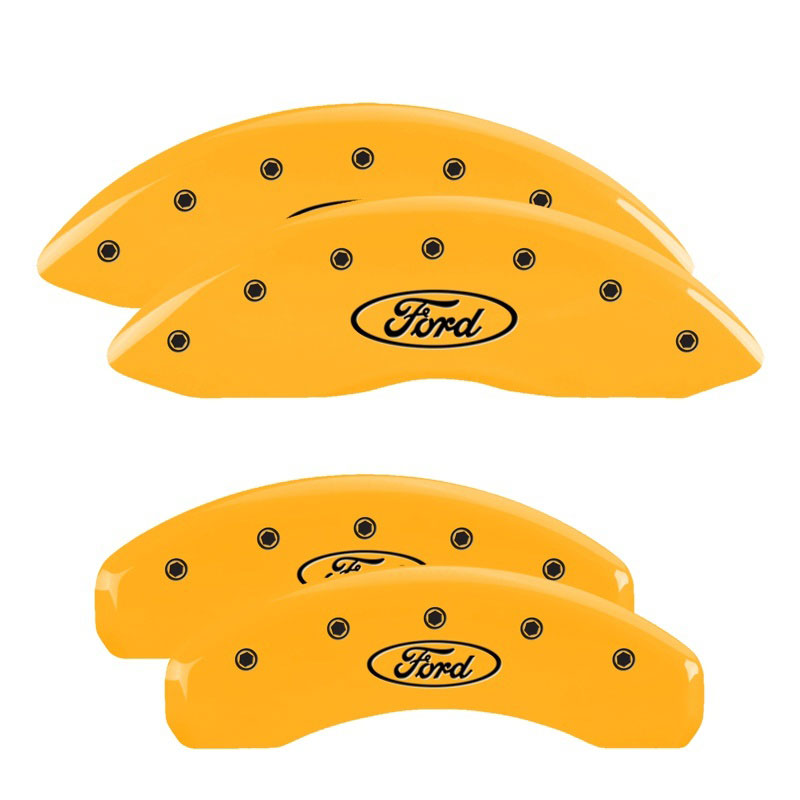 MGP 10243SFRDYL | 4 Caliper Covers Engraved Front & Rear Oval logo/Ford Yellow finish black ch; 2016-2017