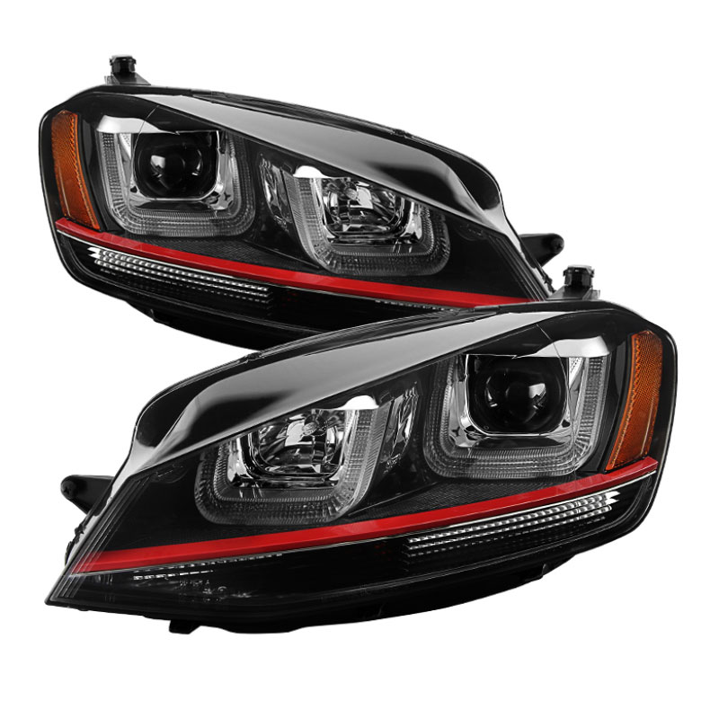 SPYDER 5080592 | Spyder Volkswagen Golf VII Projector Headlights - DRL LED - Red Stripe - Black - (PRO-YD-VG15-RED-DRL-BK); 2014-2016