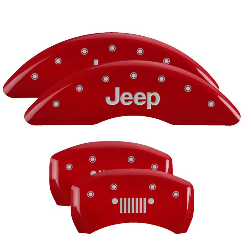 MGP 42012SJPLRD | 4 Caliper Covers Engraved Front JEEP Engraved Rear JEEP Grill logo Red finish silver ch; 2016-2022