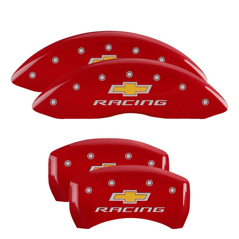 MGP 14231SBRCRD | 4 Caliper Covers Engraved Front & Rear Chevy racing Red finish silver ch; 2014-2015