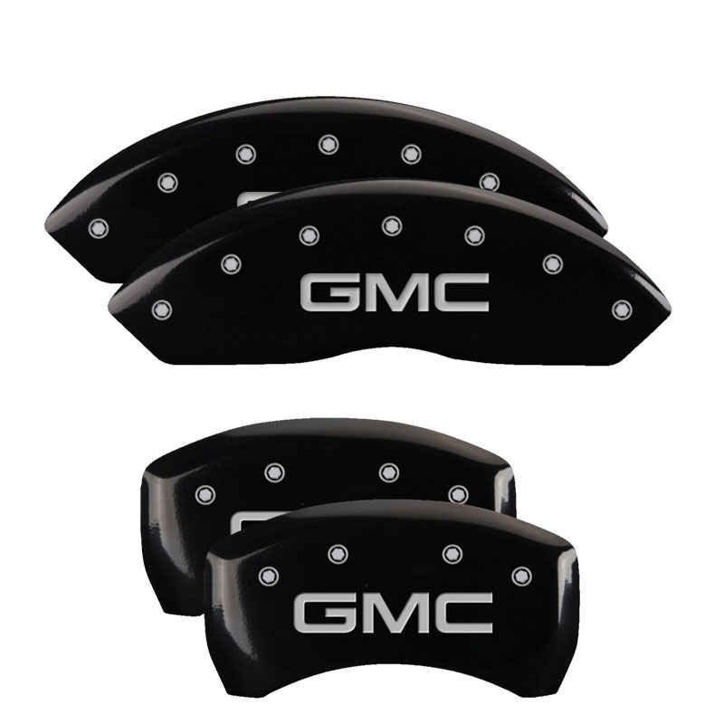 MGP 34209SGMCBK | 4 Caliper Covers Engraved Front & Rear GMC Black finish silver ch; 2015-2020