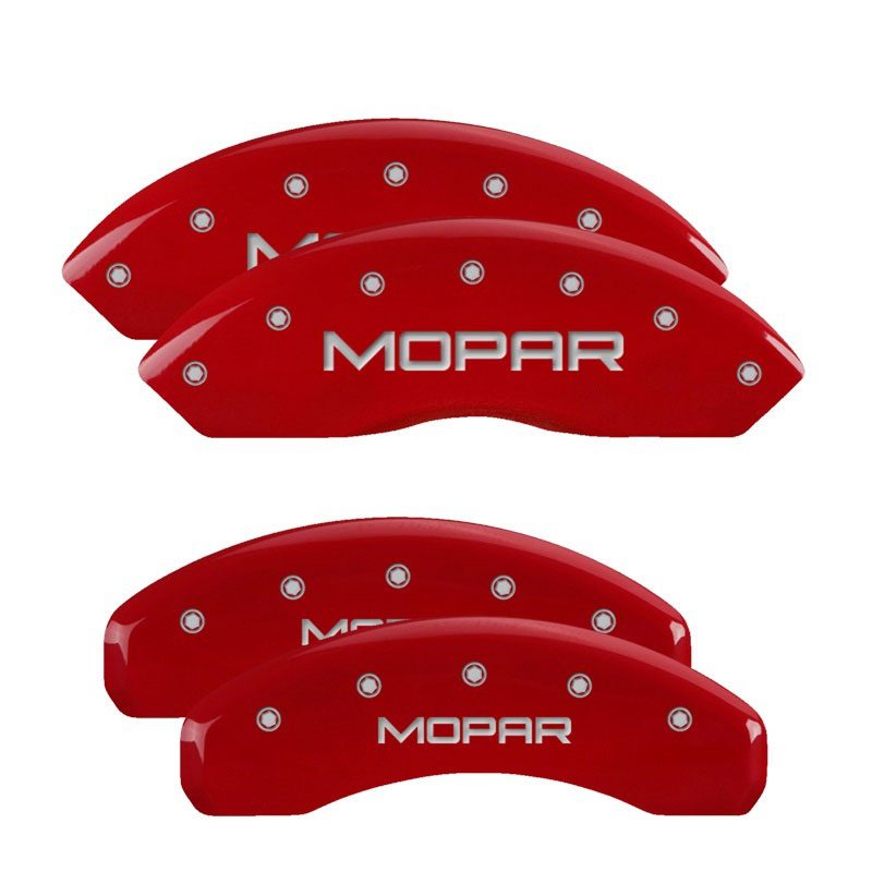 MGP 42007SMOPRD | 4 Caliper Covers Engraved Front & Rear MOPAR Red finish silver ch; 2012-2012