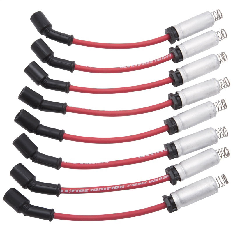 Edelbrock 22716 | Spark Plug Wire Set LS Truck w/ Metal Sleeves 99-15 50 Ohm Resistance Red Wire (Set of 8)