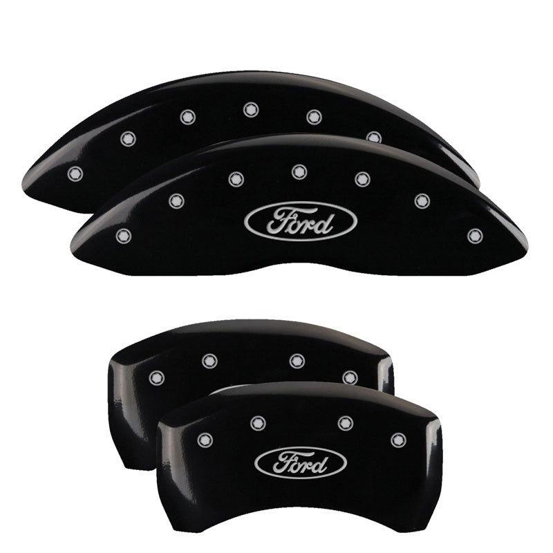 MGP 10229SFRDBK | 4 Caliper Covers Engraved Front & Rear Oval logo/Ford Black finish silver ch; 2019-2019