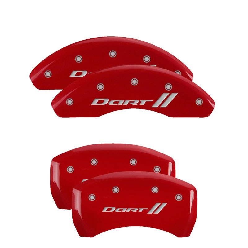 MGP 12199SDRTRD | 4 Caliper Covers Engraved Front & Rear With stripes/Dart Red finish silver ch; 2013-2016