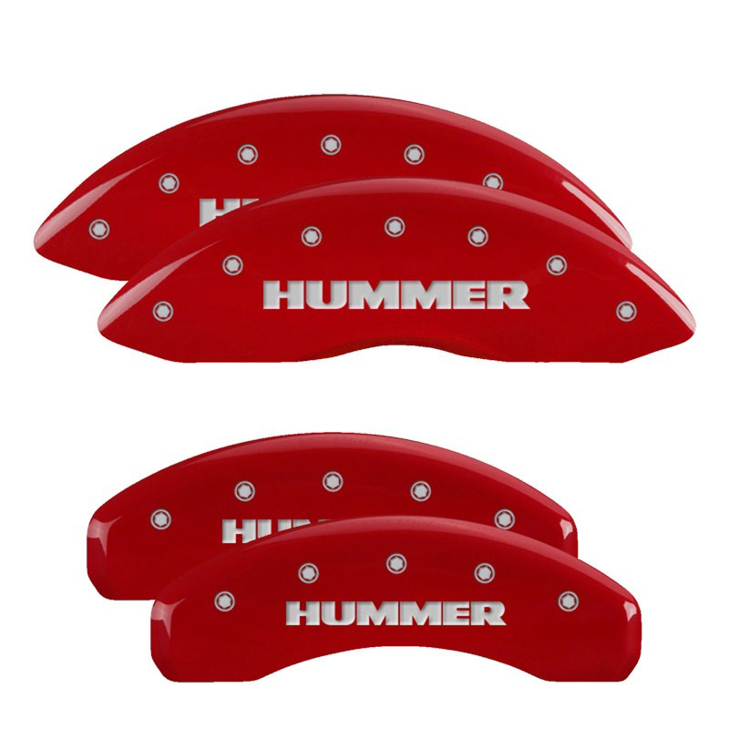 MGP 52002SHUMRD | 4 Caliper Covers Engraved Front & Rear Hummer Red finish silver ch; 2005-2007