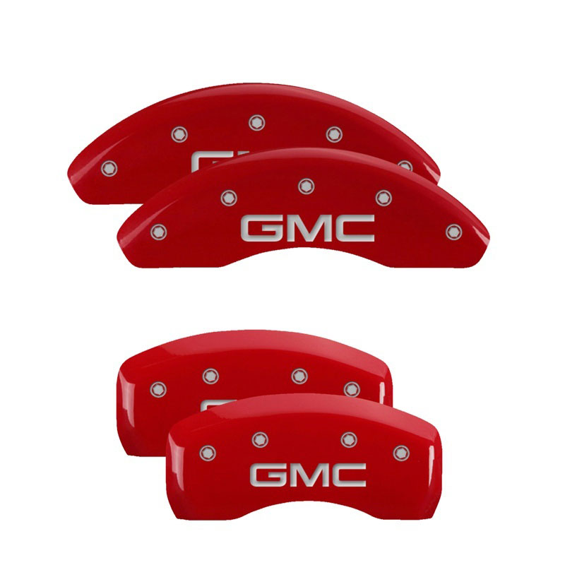 MGP 34002SGMCRD | 4 Caliper Covers Engraved Front & Rear GMC Red finish silver ch; 2013-2017