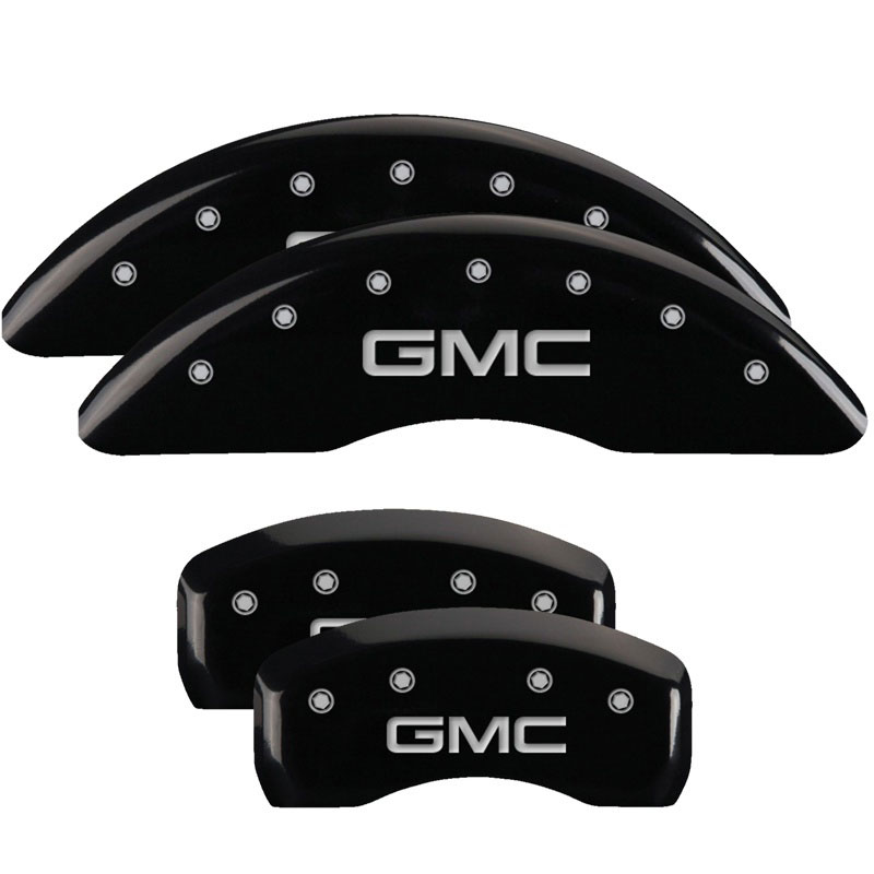 MGP 34001SGMCBK | 4 Caliper Covers Engraved Front & Rear GMC Black finish silver ch; 2011-2016