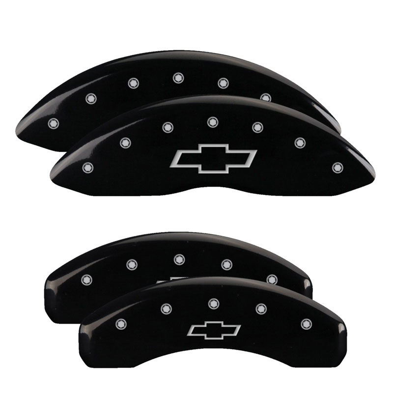 MGP 14234SBOWBK | 4 Caliper Covers Engraved Front & Rear Bowtie Black finish silver ch; 2015-2020