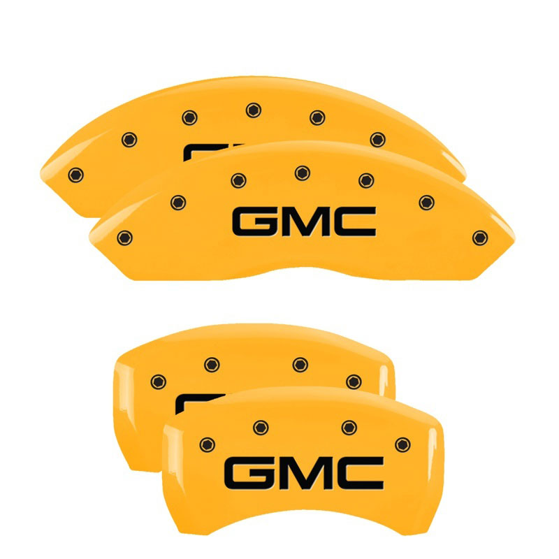 MGP 34209SGMCYL | 4 Caliper Covers Engraved Front & Rear GMC Yellow finish black ch; 2015-2020