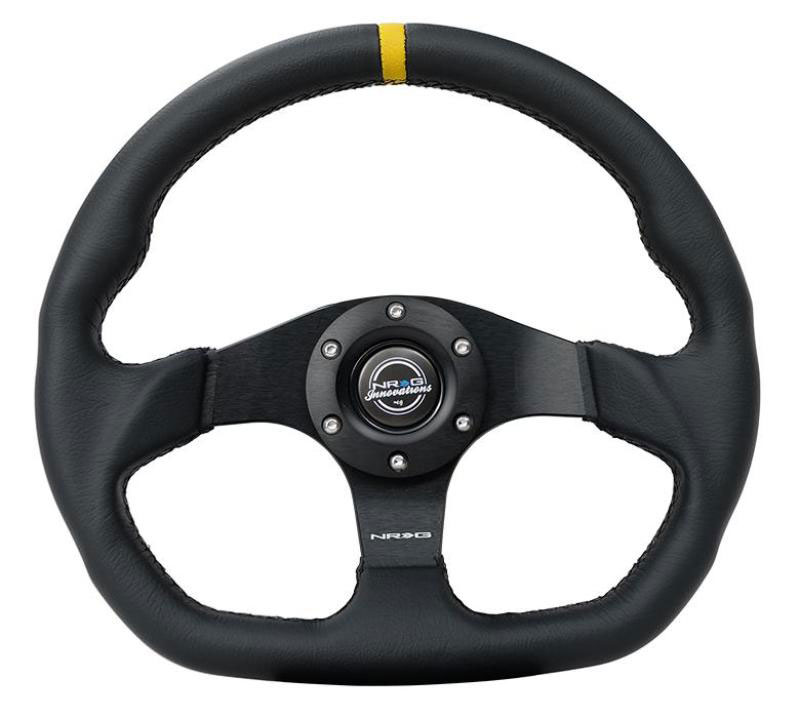 NRG rst-024mb-r-y | Reinforced Steering Wheel (320mm) Sport Leather Flat Bottom w/ Yellow Center Mark