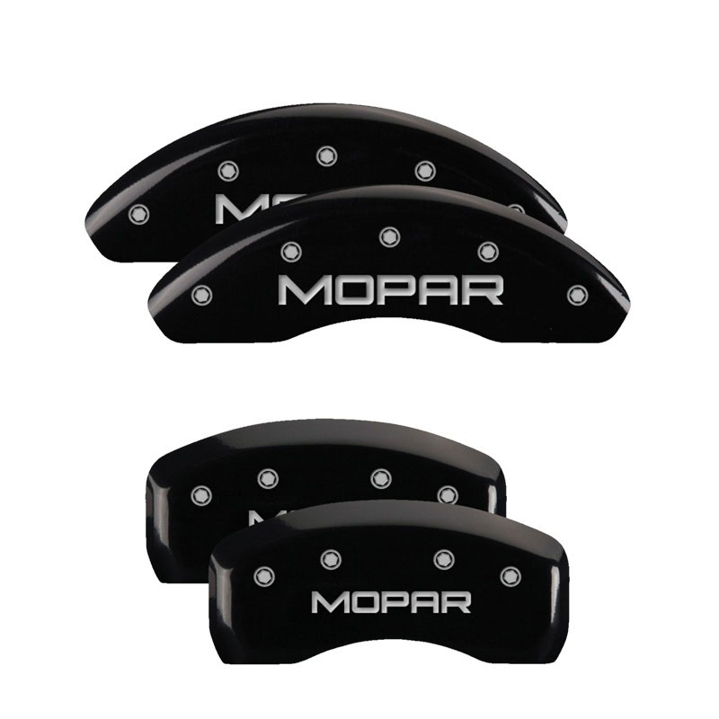 MGP 32015SMOPBK | 4 Caliper Covers Engraved Front & Rear MOPAR Black finish silver ch; 2004-2006