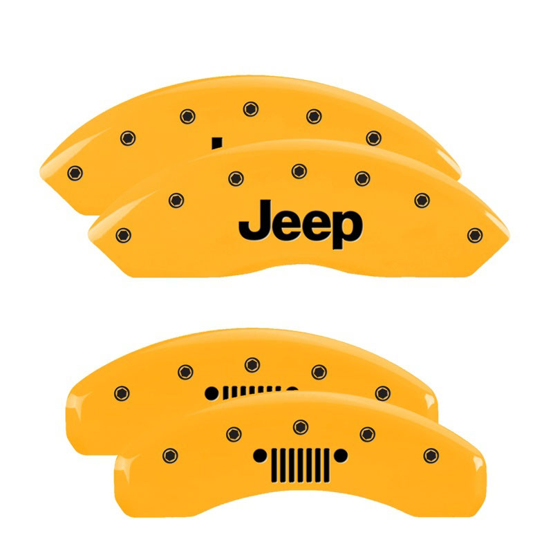 MGP 42007SJPLYL | 4 Caliper Covers Engraved Front JEEP Engraved Rear JEEP Grill logo Yellow finish black ch; 2012-2012