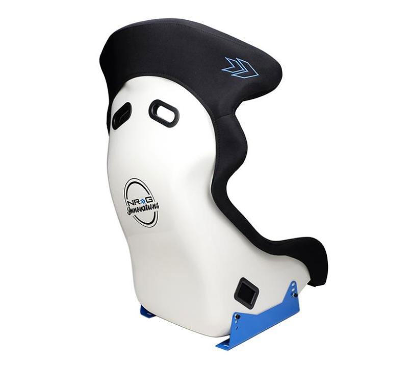 NRG frp-600wt | FRP Bucket Seat - White Finish with Arrow Embroidery And Blue Side Mount Bracket