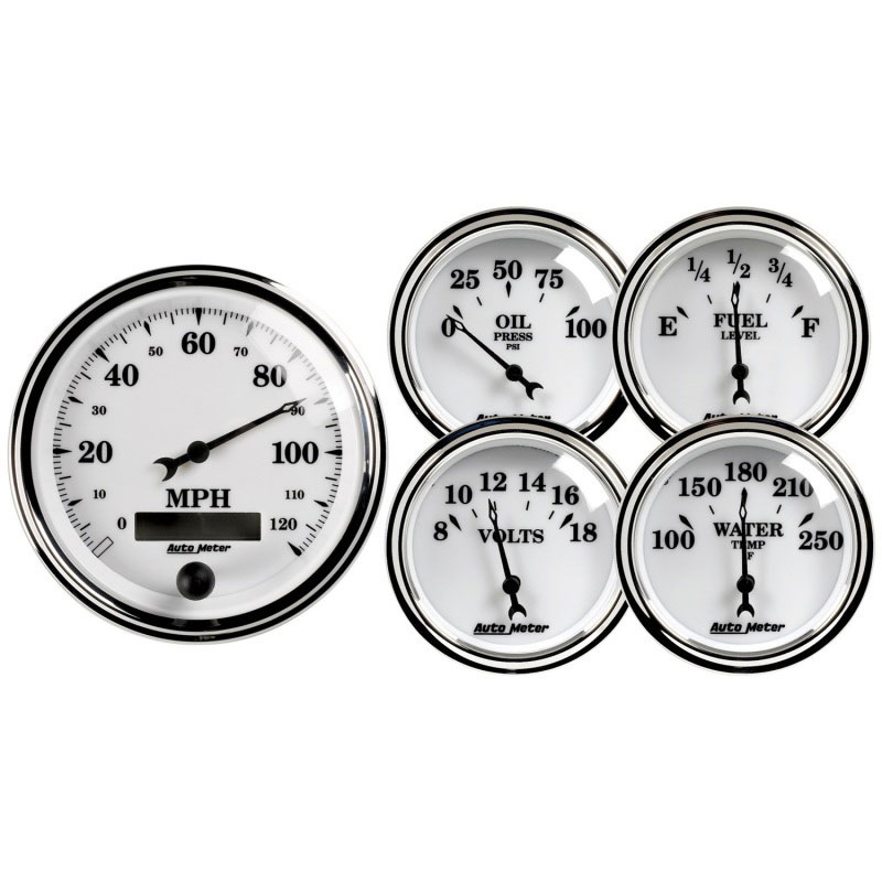 AutoMeter 1200 | Autometer Old Tyme White II 5 Piece Kit (Elec Speed/Oil Press/Water Temp/Volt/Fuel Level)