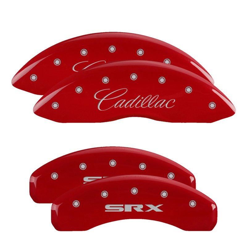 MGP 35003SSRXRD | 4 Caliper Covers Engraved Front Cursive/Cadillac Engraved Rear SRX Red finish silver ch; 2010-2011