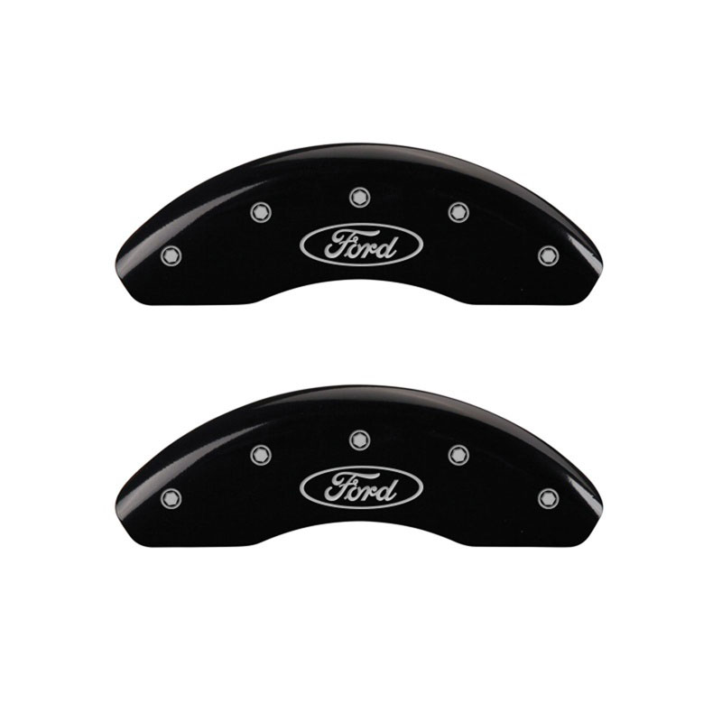 MGP 10102FFRDBK | Front set 2 Caliper Covers Engraved Front Oval logo/Ford Black finish silver ch; 2011-2017