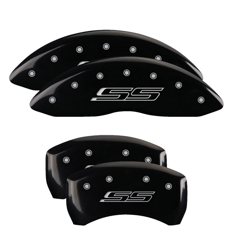 MGP 14231SSS5BK | 4 Caliper Covers Engraved Front & Rear Gen 5/SS Black finish silver ch; 2014-2015