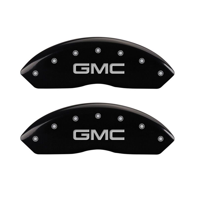 MGP 34212SGMCBK | 4 Caliper Covers Engraved Front & Rear GMC Black Finish Silver Char 2019 GMC Arcadia; 2017-2020