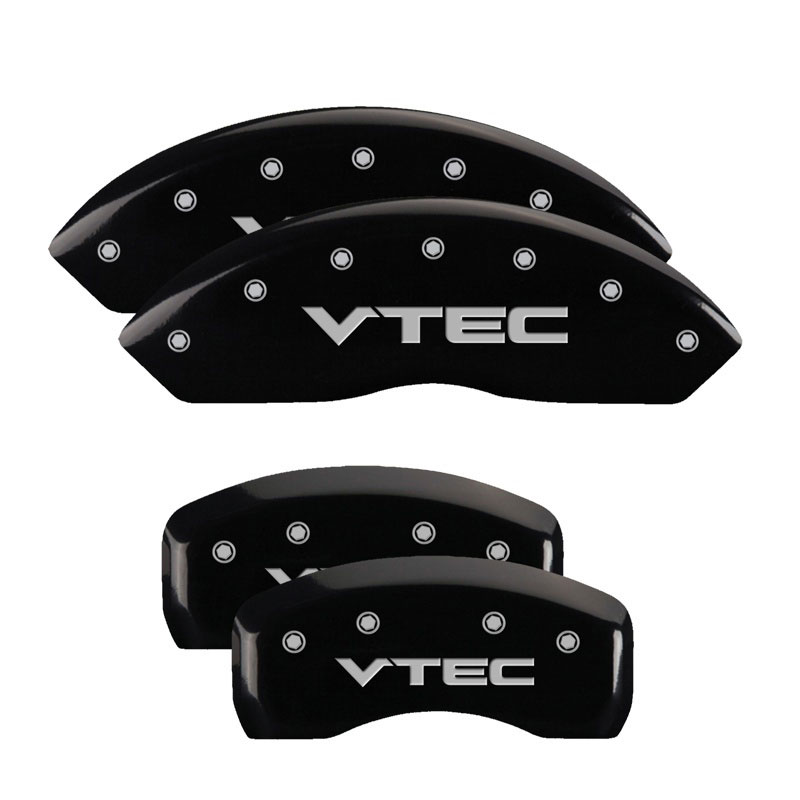 MGP 39005SVTCBK | 4 Caliper Covers Engraved Front & Rear Vtech Black finish silver ch; 2002-2006