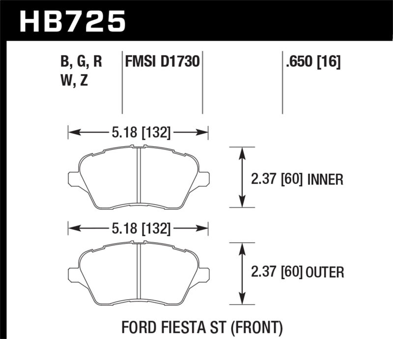 Hawk Performance HB725Z.650 | Hawk 2014 Ford Fiesta ST Performance Ceramic Front Brake Pads; 2014-2014