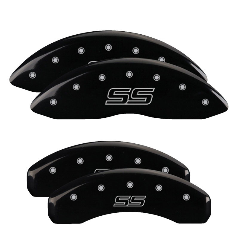 MGP 14031STSSBK | 4 Caliper Covers Engraved Front & Rear Trailblazer style/SS Black finish silver ch; 2003-2005