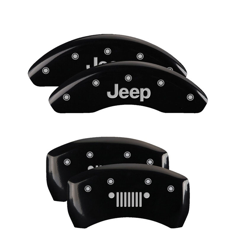 MGP 42013SJPLBK | 4 Caliper Covers Engraved Front JEEP Engraved Rear JEEP Grill logo Black finish silver ch; 2016-2022