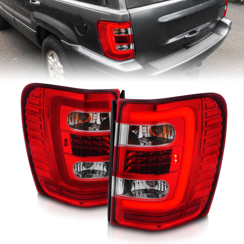 ANZO 311396 | 1999-2004 Jeep Grand Cherokee LED Tail Lights w/ Light Bar Chrome Housing Red/Clear Lens; 1999-2004