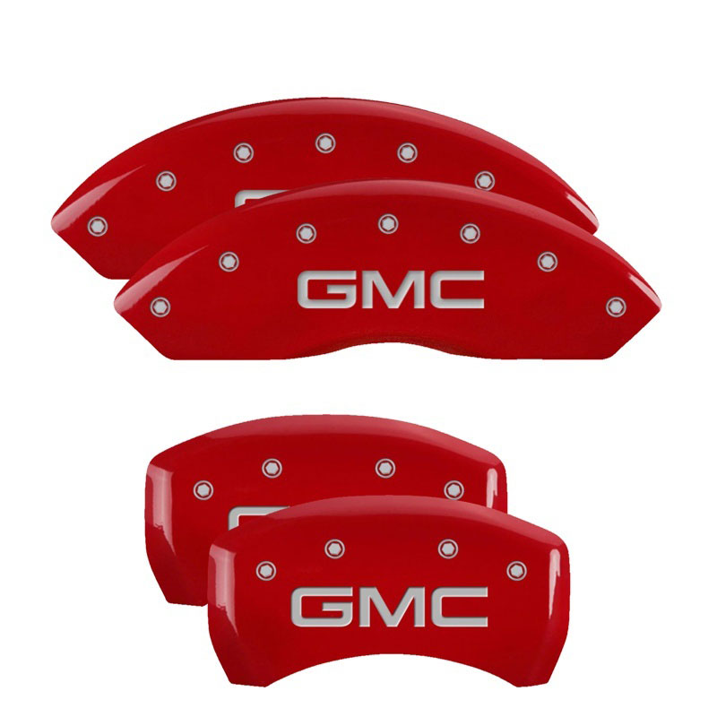 MGP 34209SGMCRD | 4 Caliper Covers Engraved Front & Rear GMC Red finish silver ch; 2015-2020