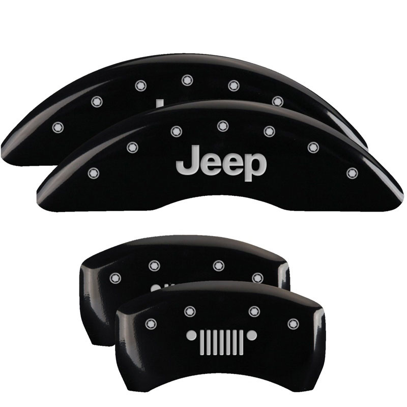 MGP 42012SJPLBK | 4 Caliper Covers Engraved Front JEEP Engraved Rear JEEP Grill logo Black finish silver ch; 2016-2022